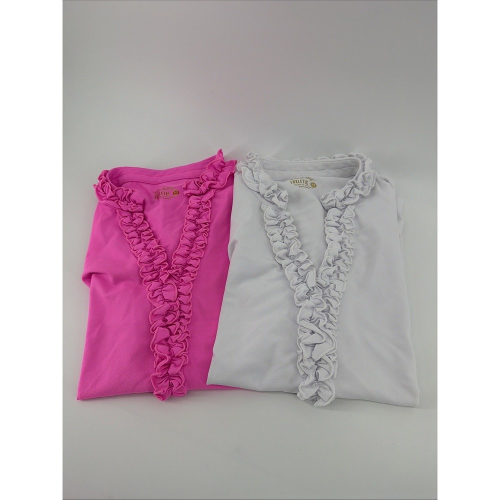 Lilly Pulitzer UPF 50+ Luxletic Hot Pink White Ruffle Top X2 Lot Size M